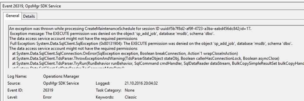 Fehler Eventlog Maintenanceschedules