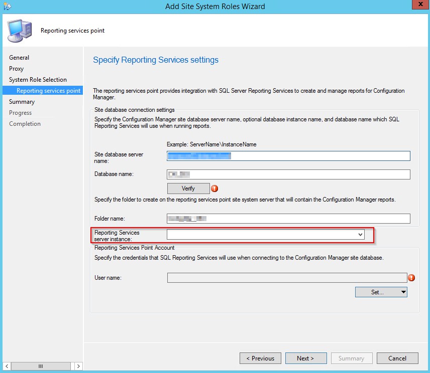 SCCM Reporting Service Server Instance Feld leer