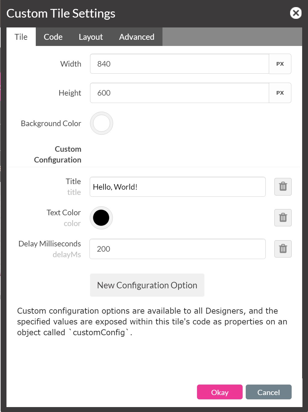 LiveTiles Custom Tile Konfigurationsdialog