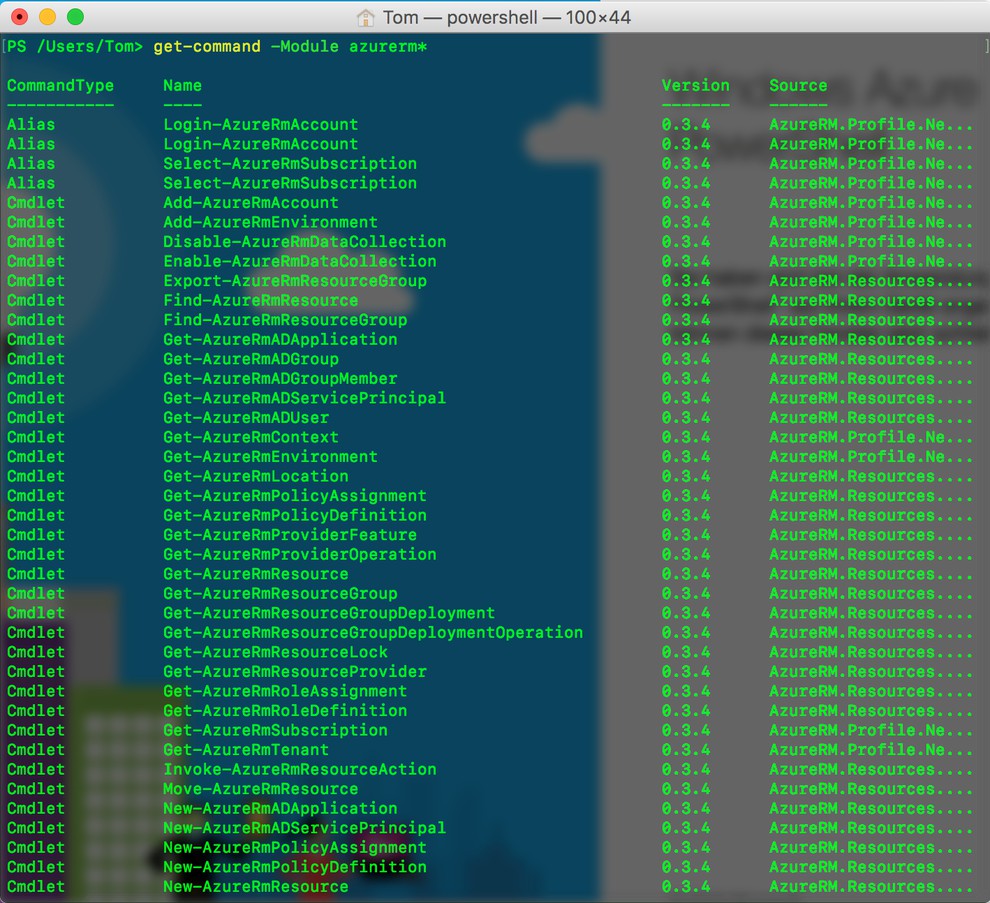 Azure Resource Manager CMDLETs auf macOS.