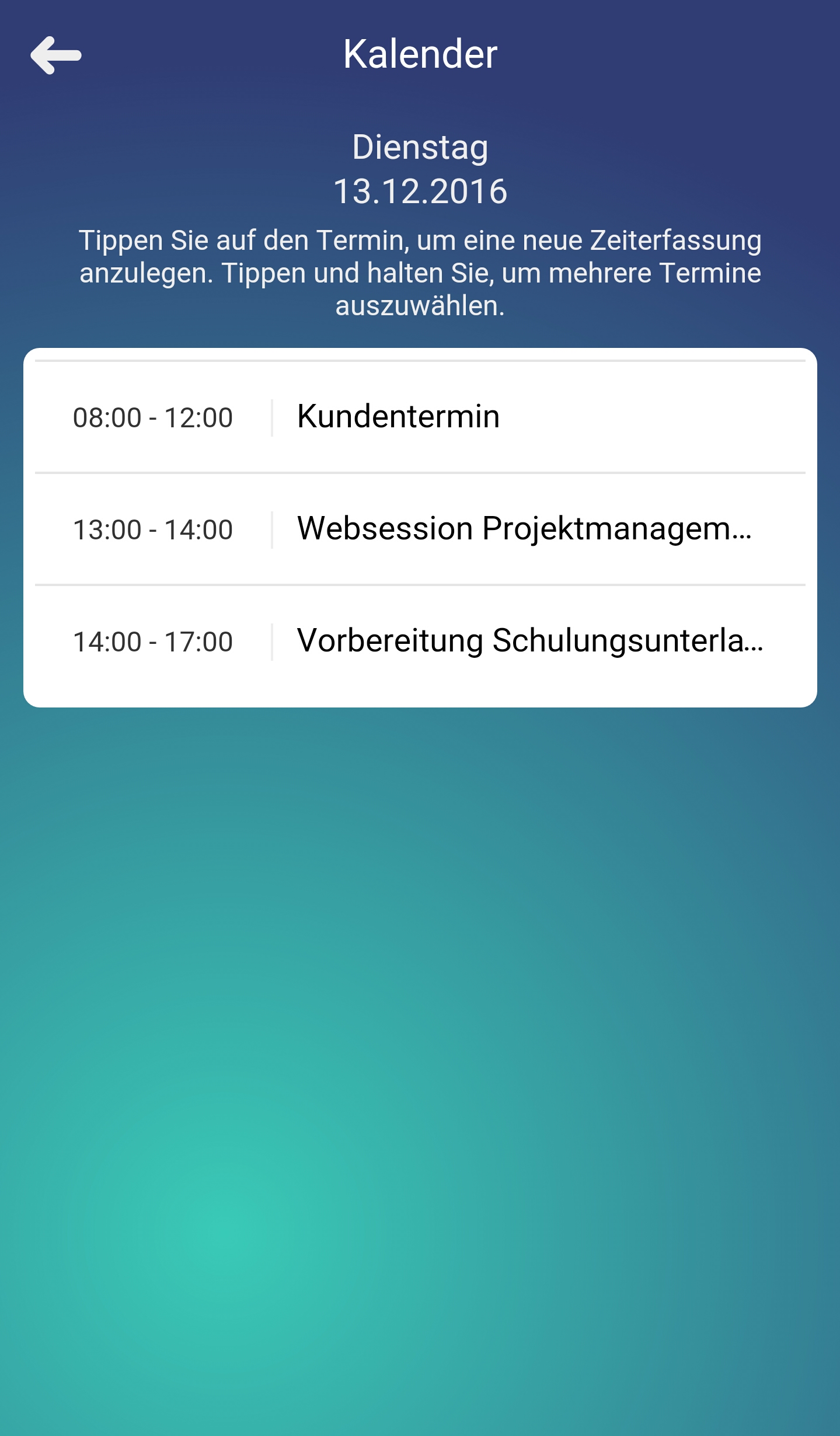 Übersicht Kalendereinträge Zeiterfassungs-App SAP Business ByDesign