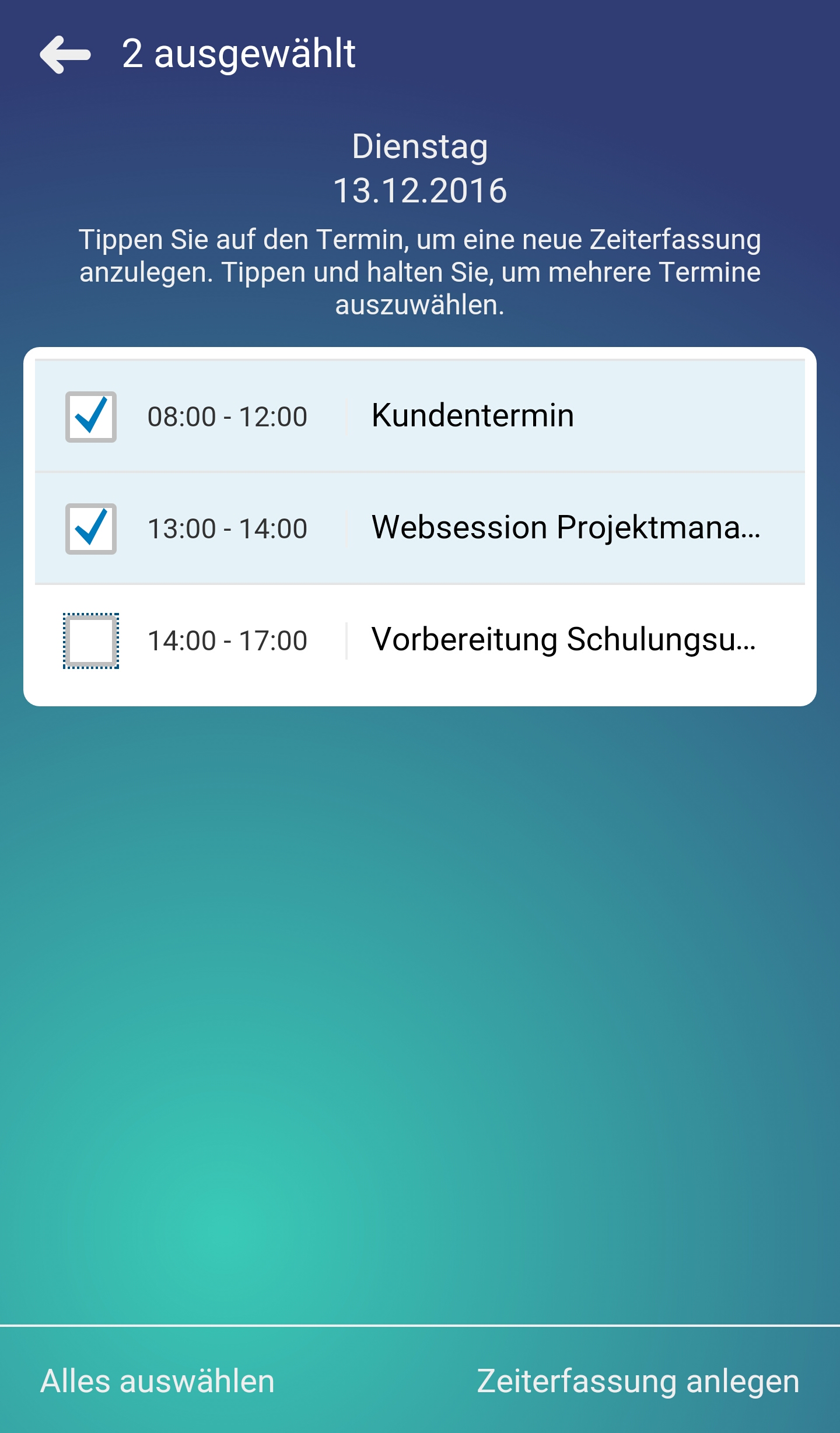 Auswahl mehrerer Kalendereinträge Zeiterfassungs-App SAP Business ByDesign