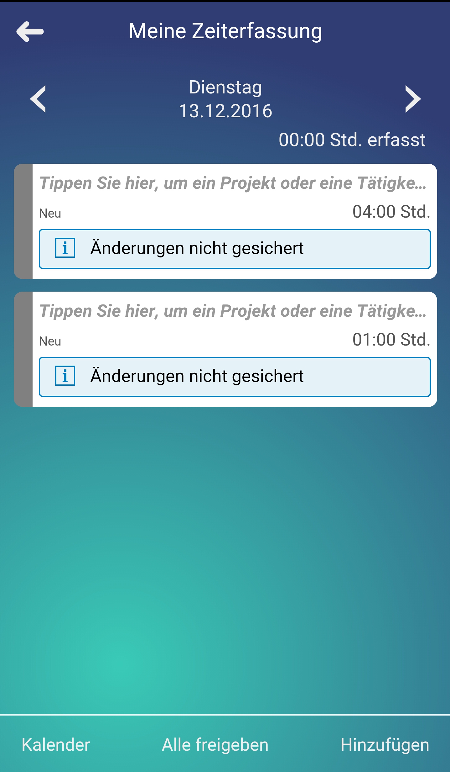 Zeiteinträge aus Kalender Zeiterfassungs-App SAP Business ByDesign