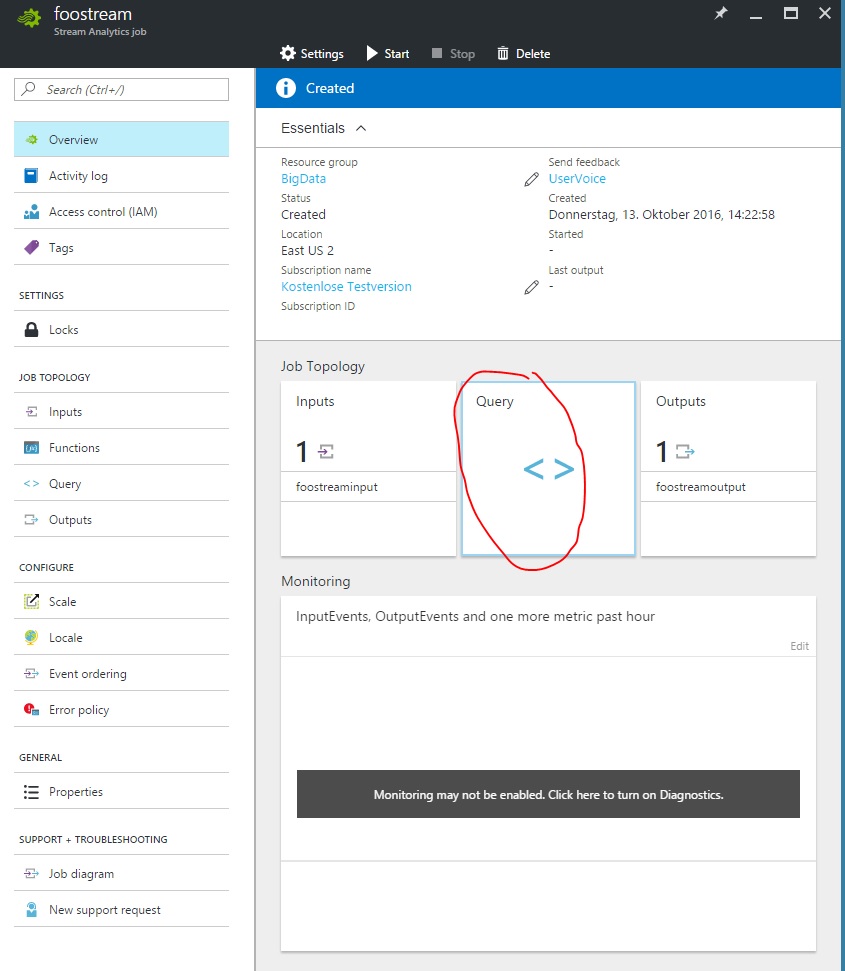 Stream Analytics einrichten Schritt 7