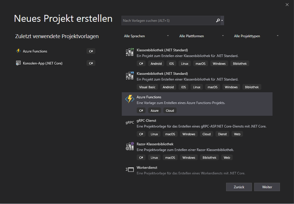 Neues Azure Function Projekt erstellen