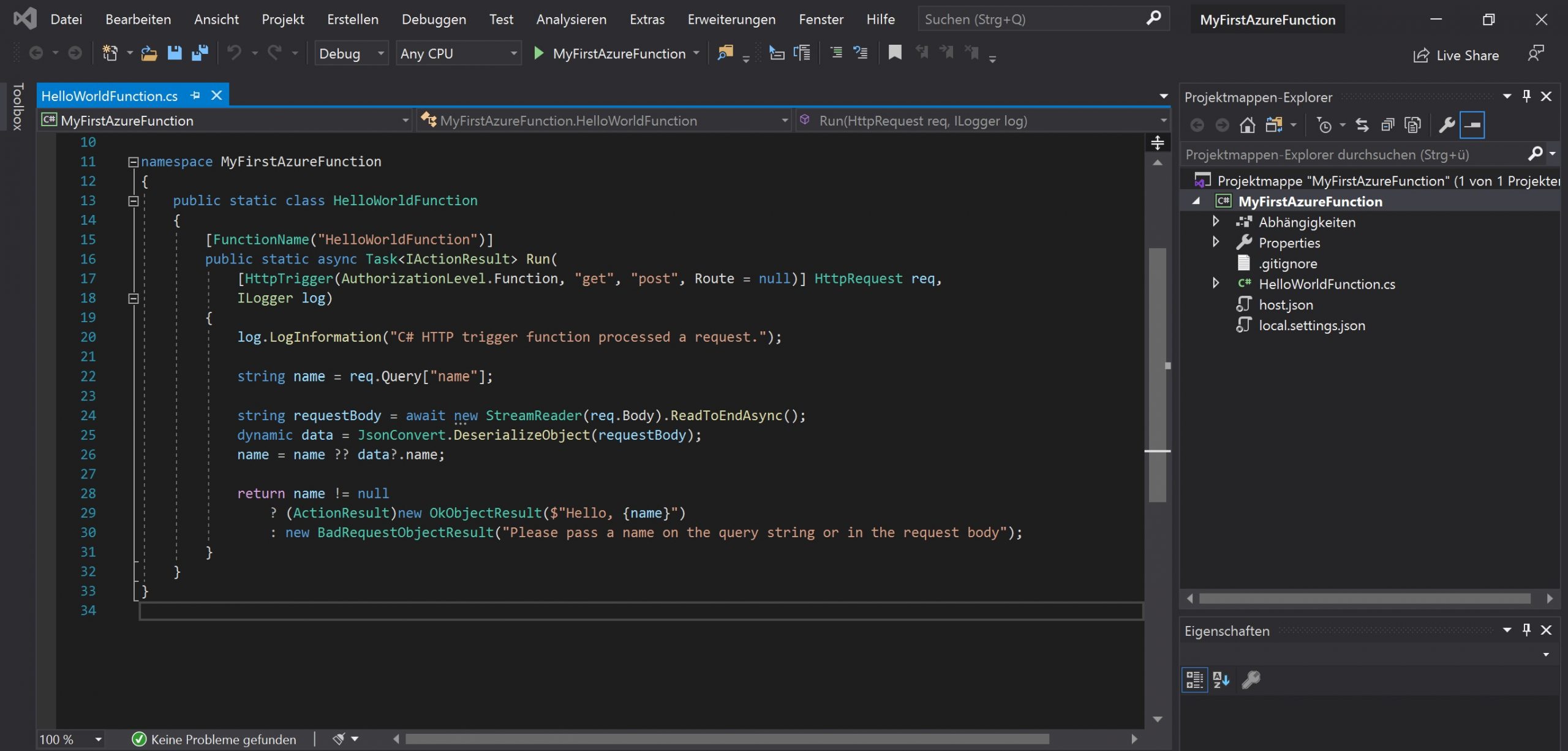 Erstelltes Visual Studio Projekt